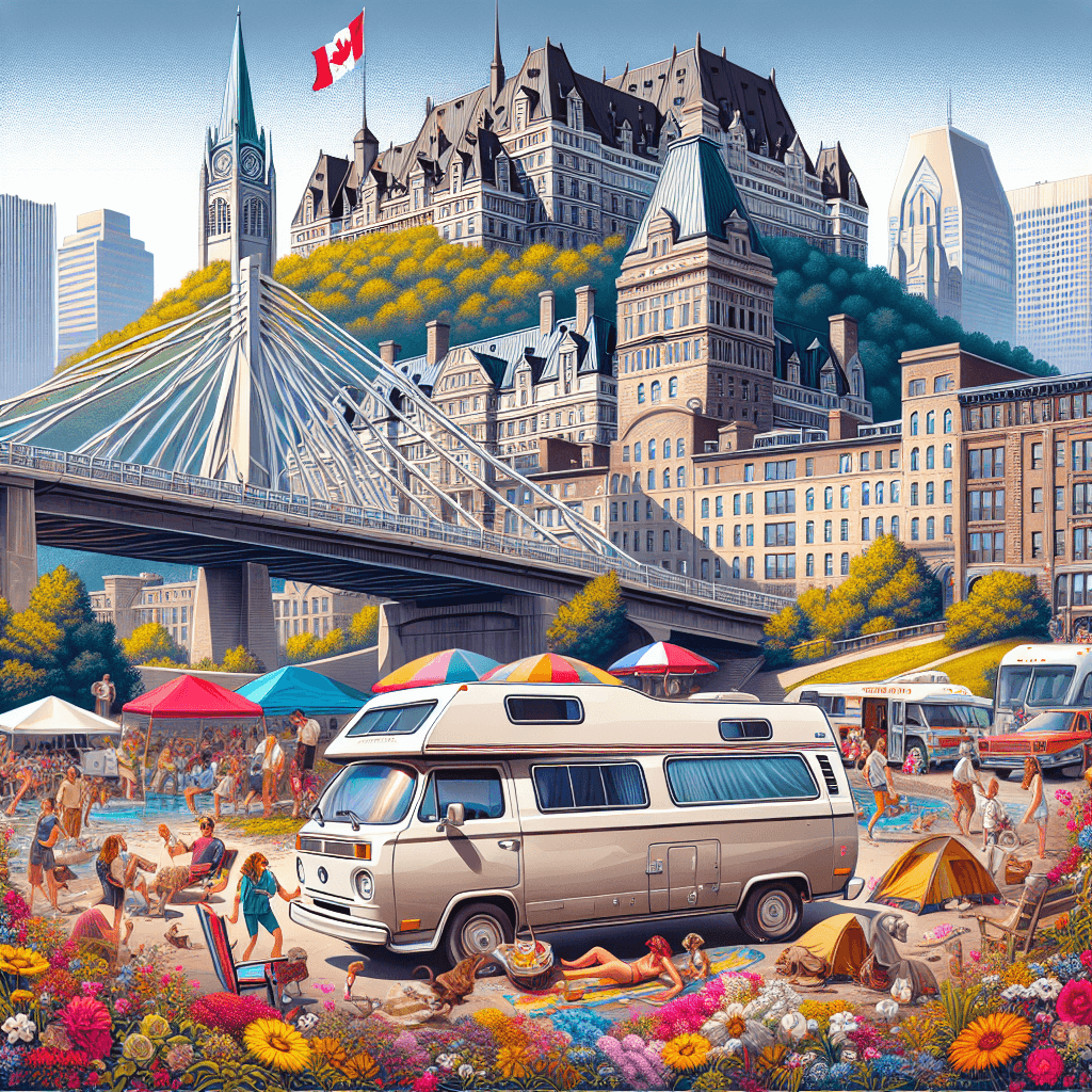 Wohnmobil in Montreal, mit Mount Royal, Jacques-Cartier-Brücke, farbenfrohe Blumen und städtische Charaktere