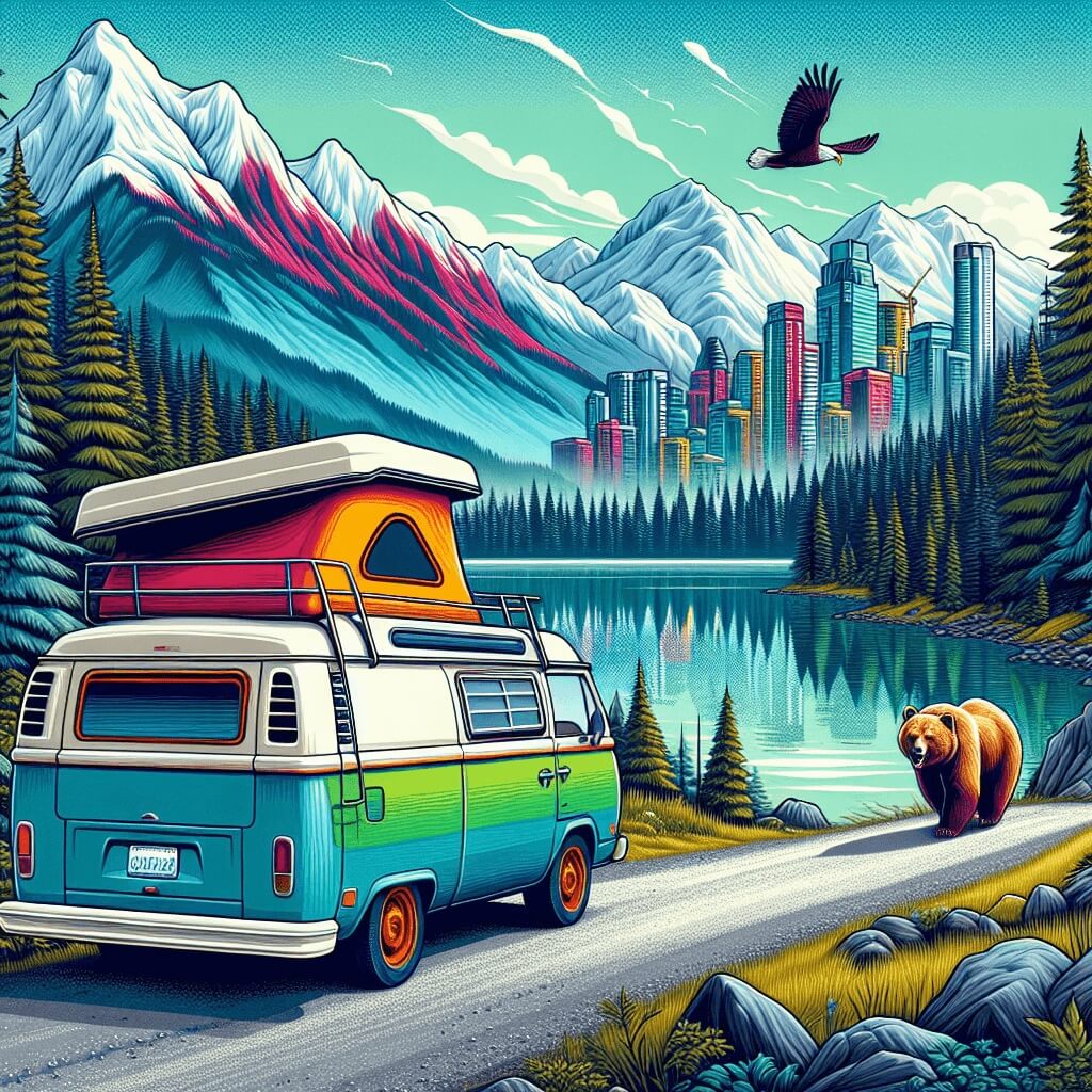 Wohnmobil in natürlicher Szene in Vancouver, Begleitet von Bär und Adler