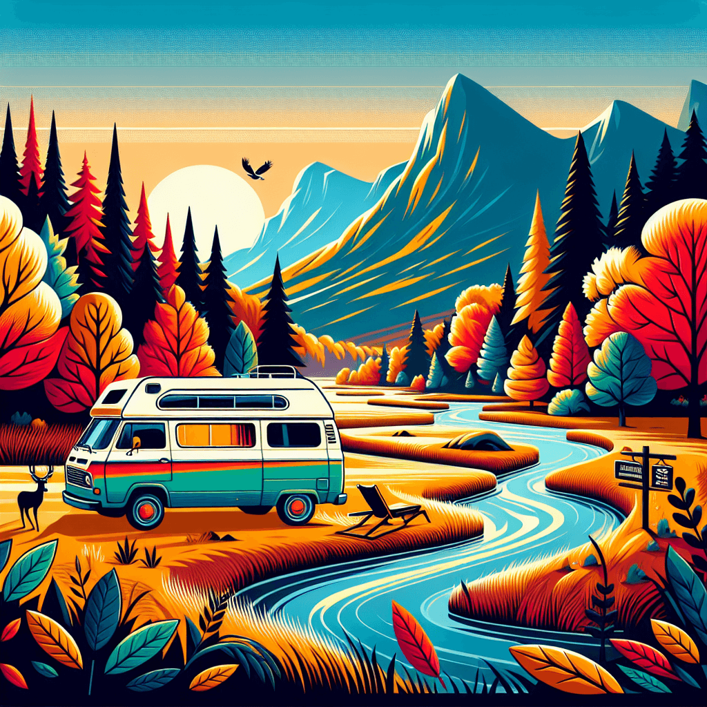 Bunter Wohnmobil in Quebecs Herbstlandschaft mit Fluss und Wildtieren 